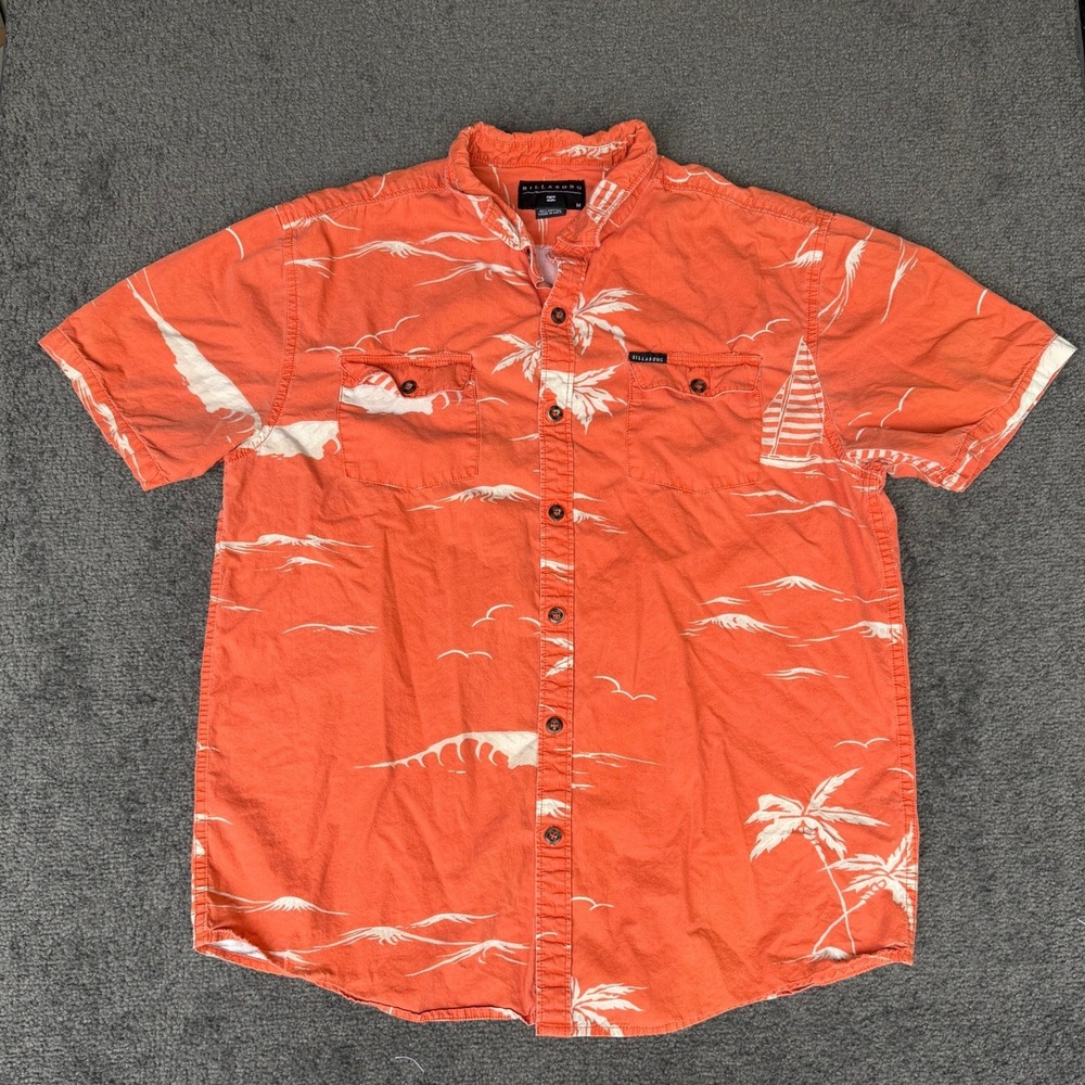 Billabong Mens Orange Tropical Palm Tree Sailboat Cotton Button Down Shirt M